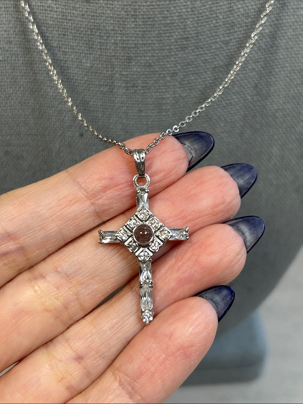Silver Projector Crystal Cross Pendant Necklace - Silver - Picture 2 of 7